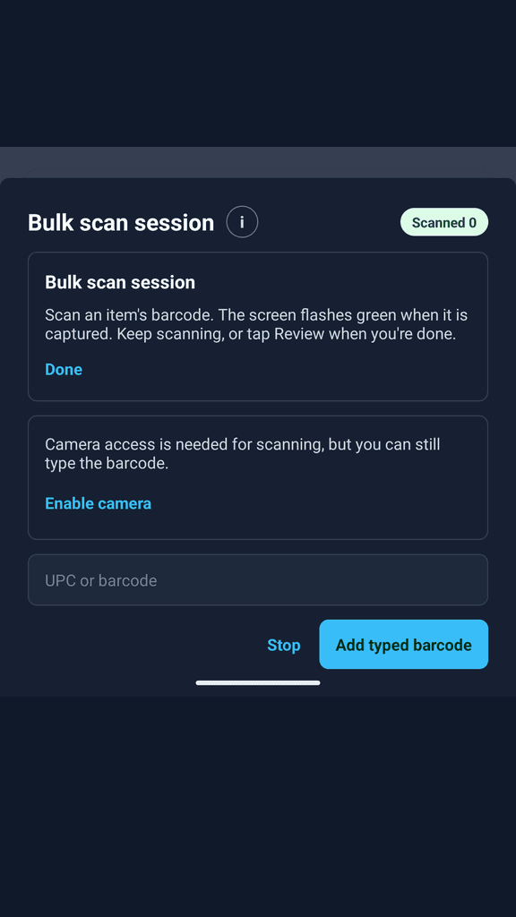 Alorai barcode scan screen showing the bulk scan session and manual barcode entry fallback.