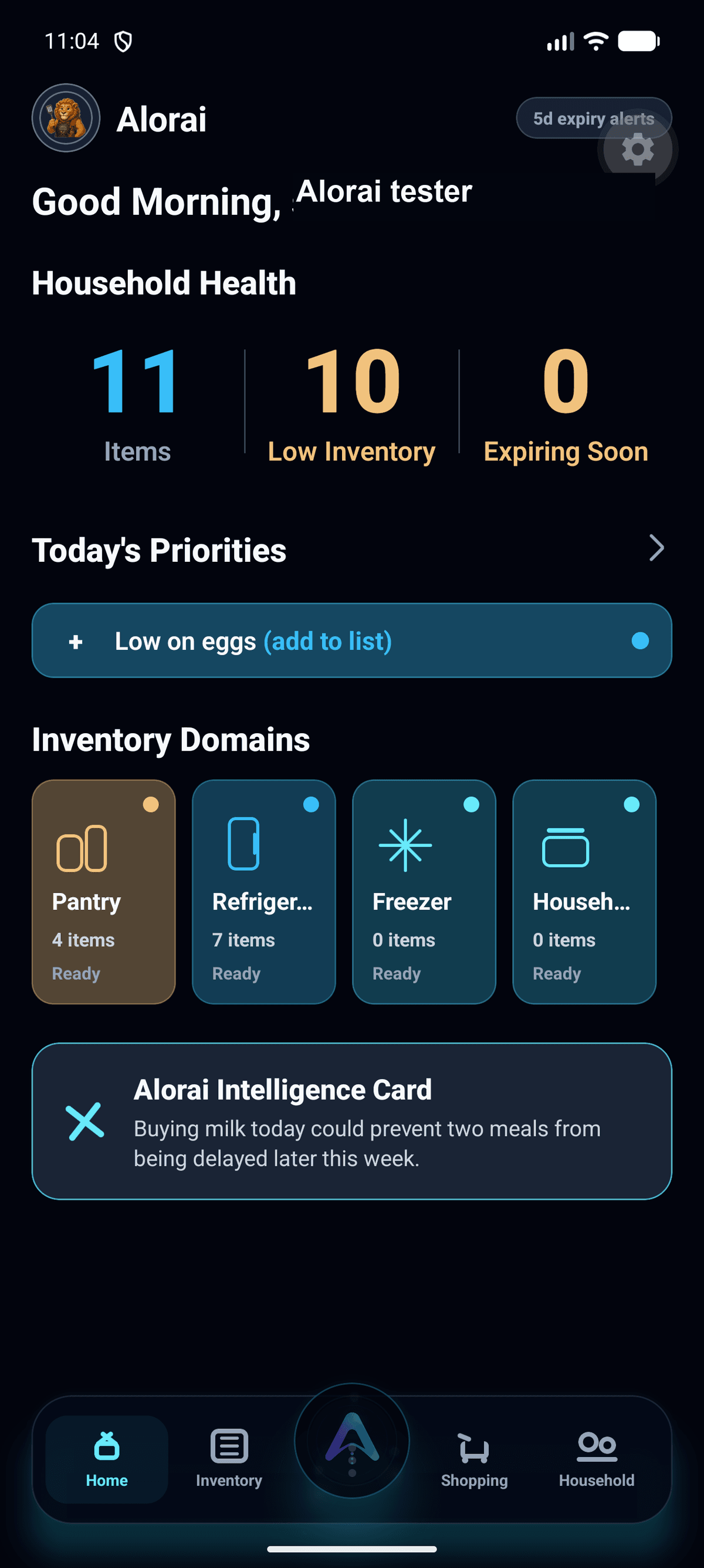 Alorai Home screen with the center action button visible.