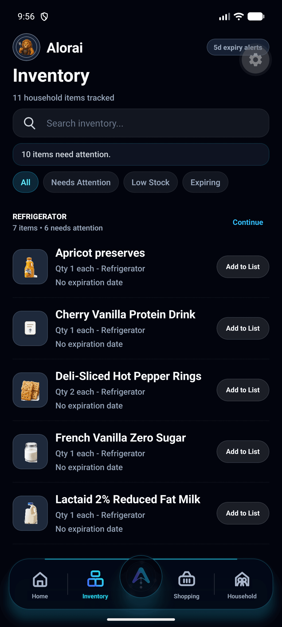Alorai Inventory screen showing attention filters and item rows.