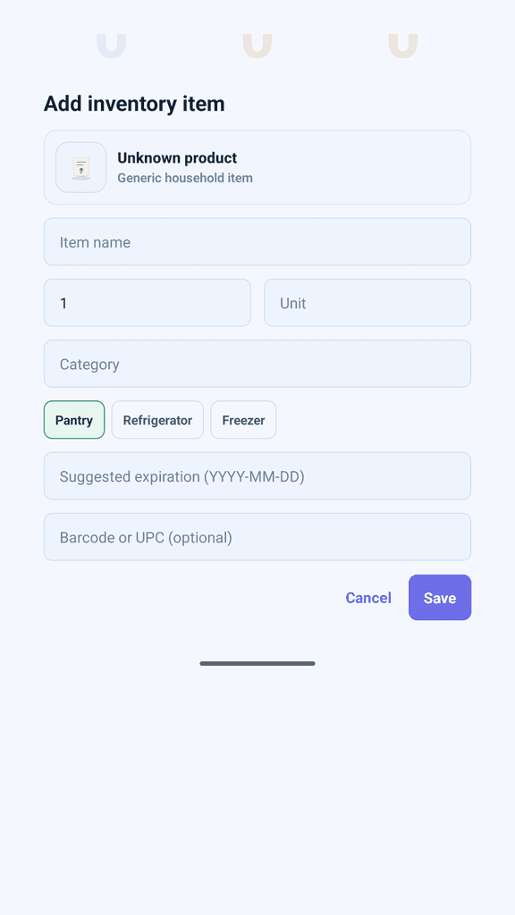Alorai manual inventory item form with item name, quantity, unit, category, location, expiration, and barcode fields.