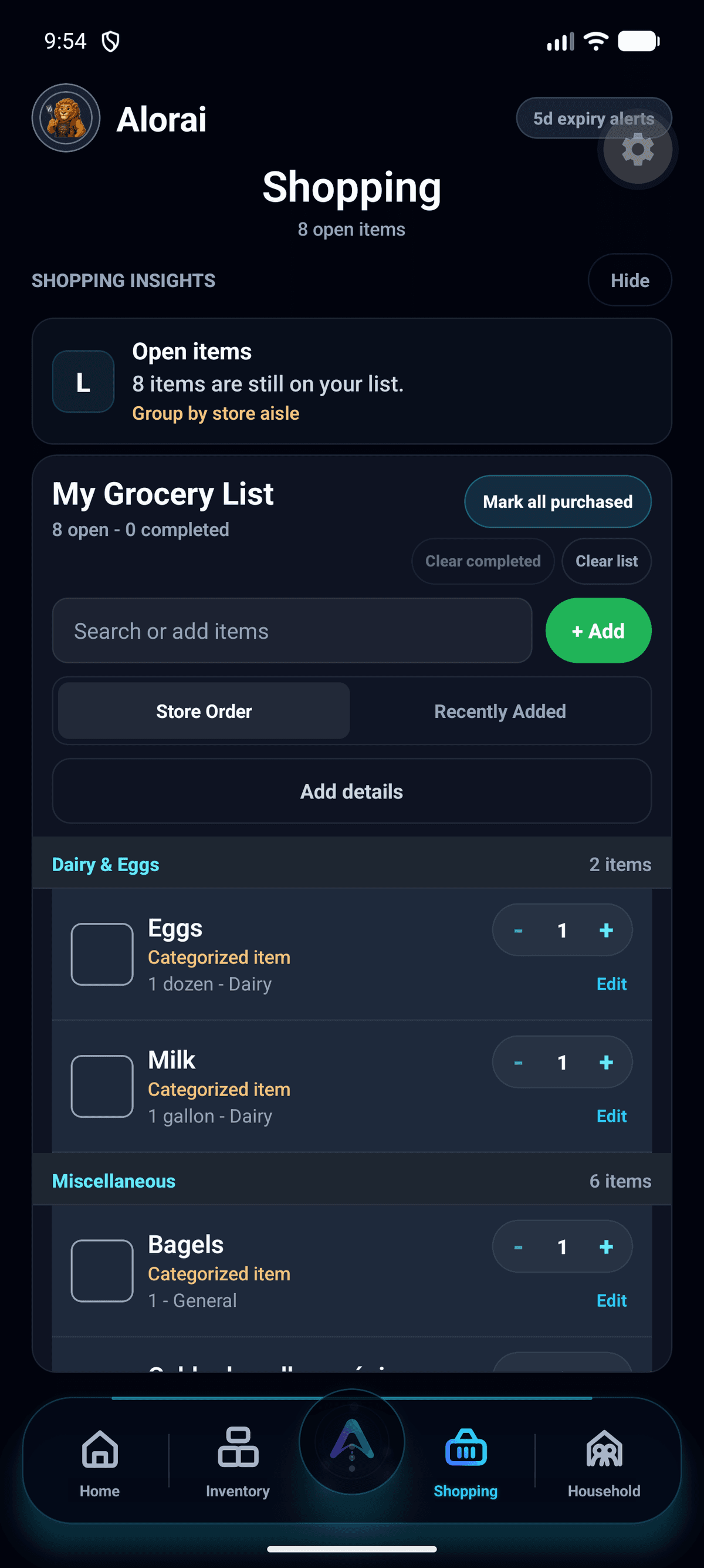 Alorai Shopping screen with grocery list and quick add controls.