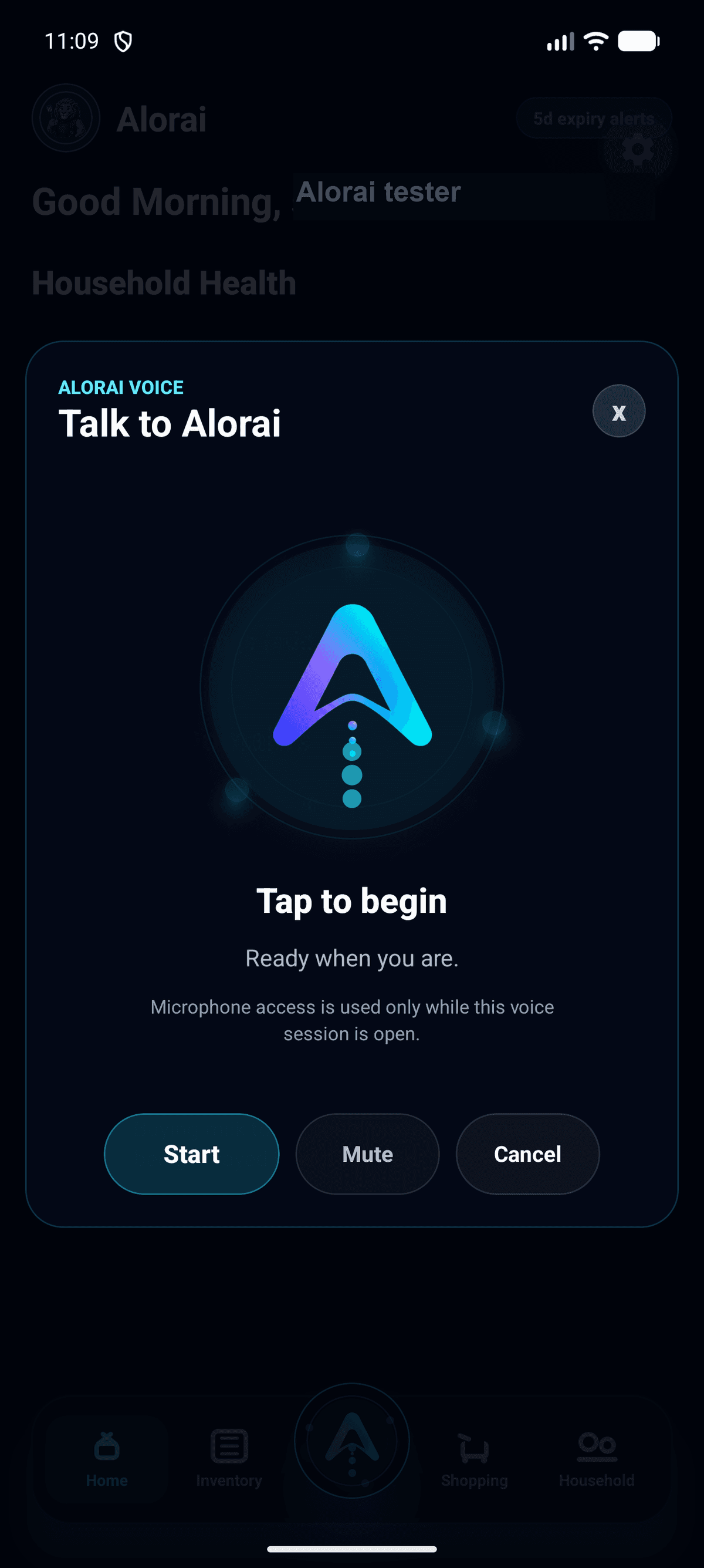 Talk to Alorai voice screen with Start, Mute, and Cancel controls.